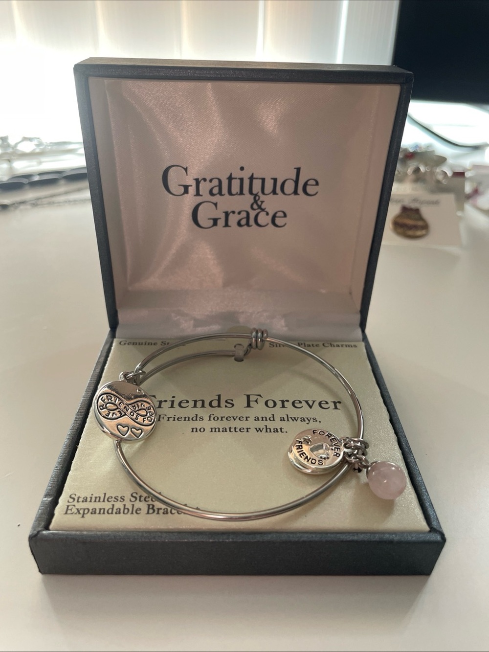 Stainless Steel Expandable Bracelet, Gratitude & Grace Believe Charms Gen Stone